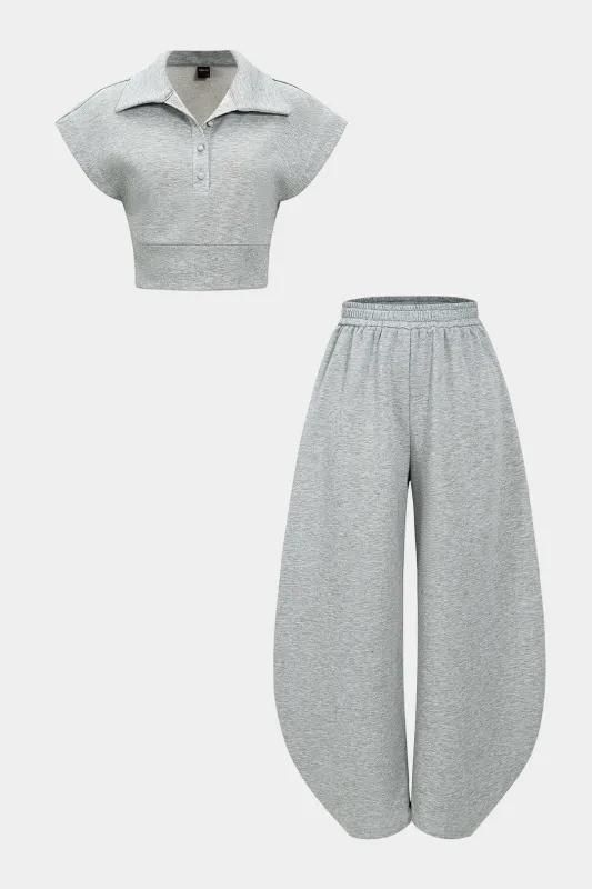 Solid Short-Sleeve Top And High Waist Barrel Trousers Set sold by Micas