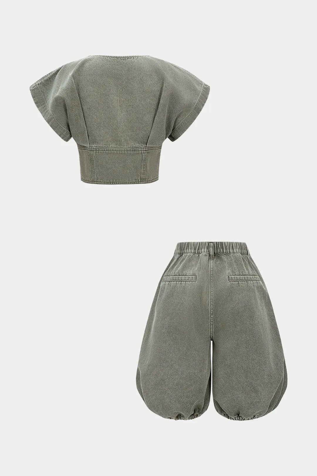 Denim V-Neck Short-Sleeve Top And Lantern Shorts Set sold by Micas product image thumbnail 2