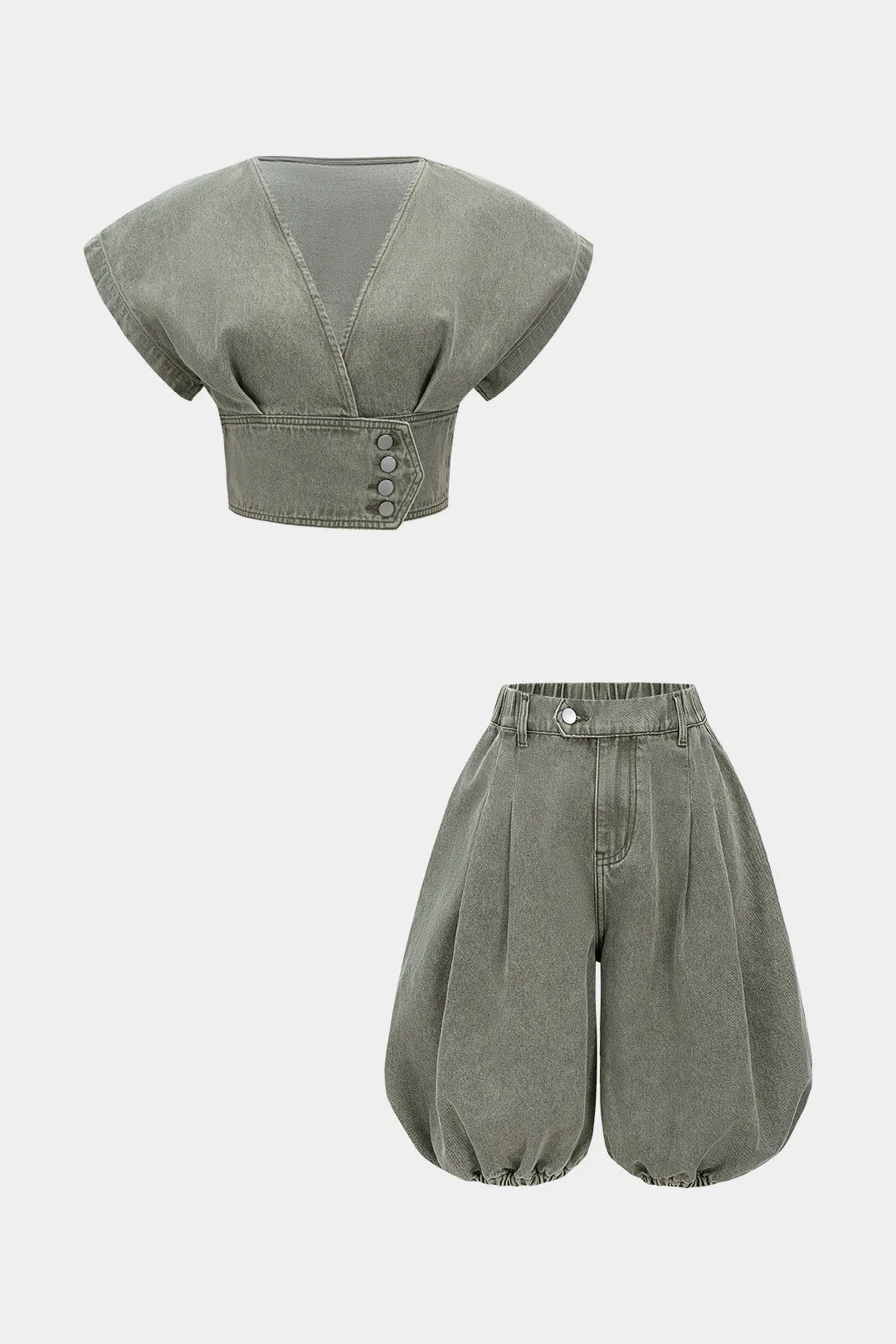 Denim V-Neck Short-Sleeve Top And Lantern Shorts Set sold by Micas