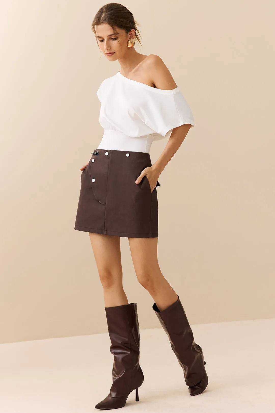 Faux Leather Asymmetrical Button Belted Skirt sold by Micas product image thumbnail 4