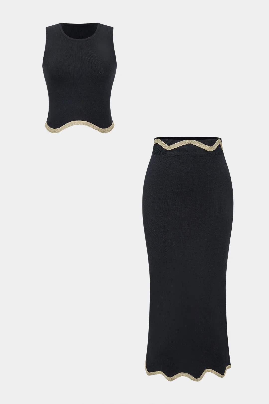 Knit Contrast Round Neck Tank Top And Skirt Set sold by Micas