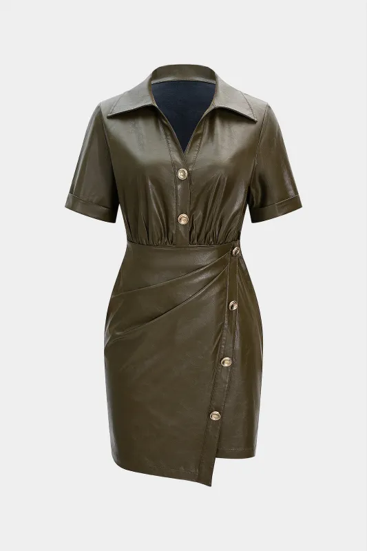 Faux Leather Asymmetrical Metallic Button Short Sleeve Mini Dress sold by Micas