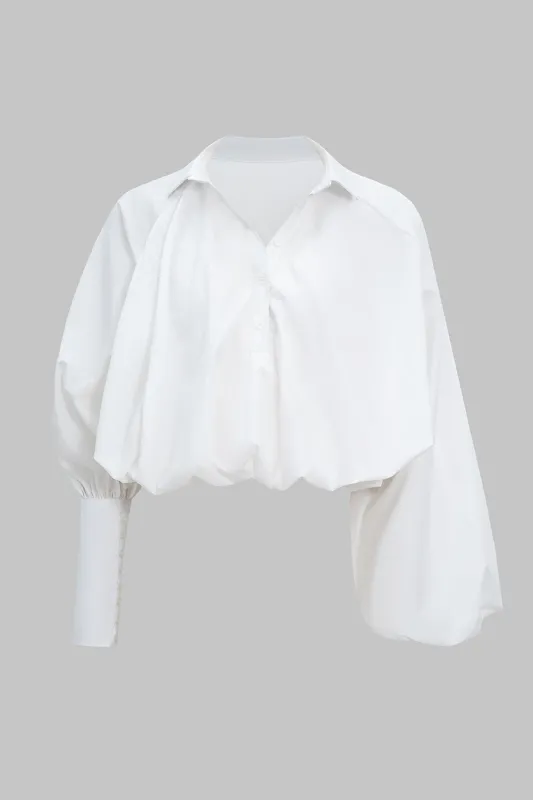 Ruched Button Asymmetrical Shoulder Puff Long-Sleeve Shirt sold by Micas