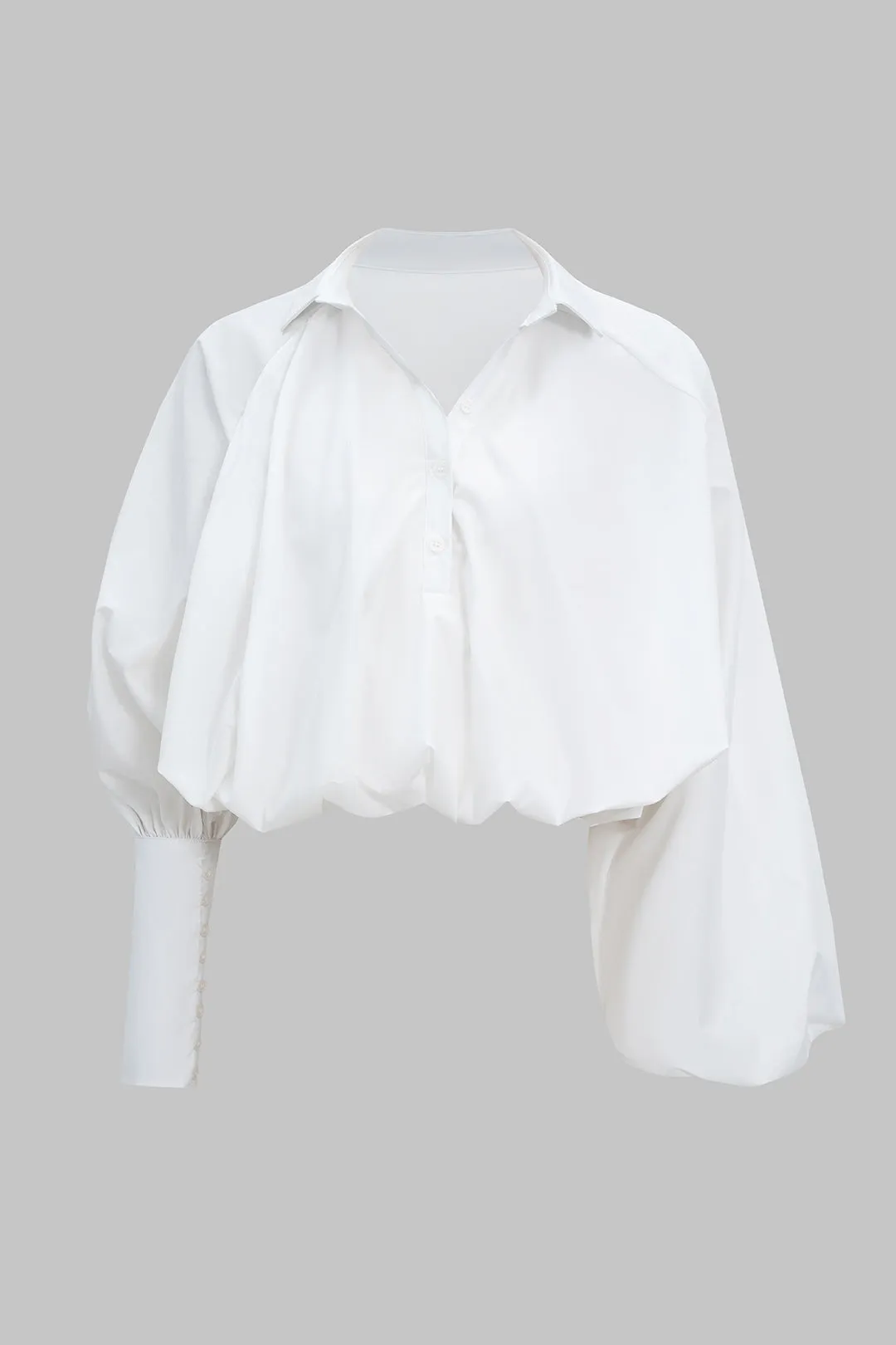 Ruched Button Asymmetrical Shoulder Puff Long-Sleeve Shirt sold by Micas
