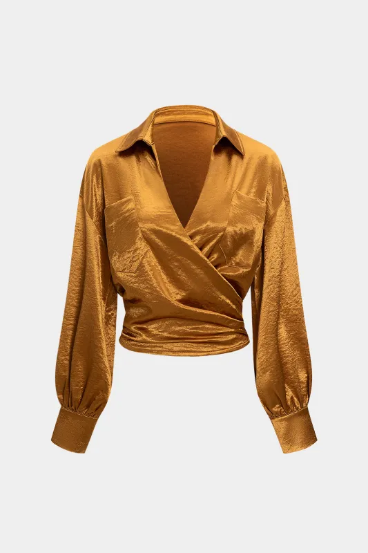 Satin Asymmetrical Crossed Ruched Long-Sleeve Top sold by Micas