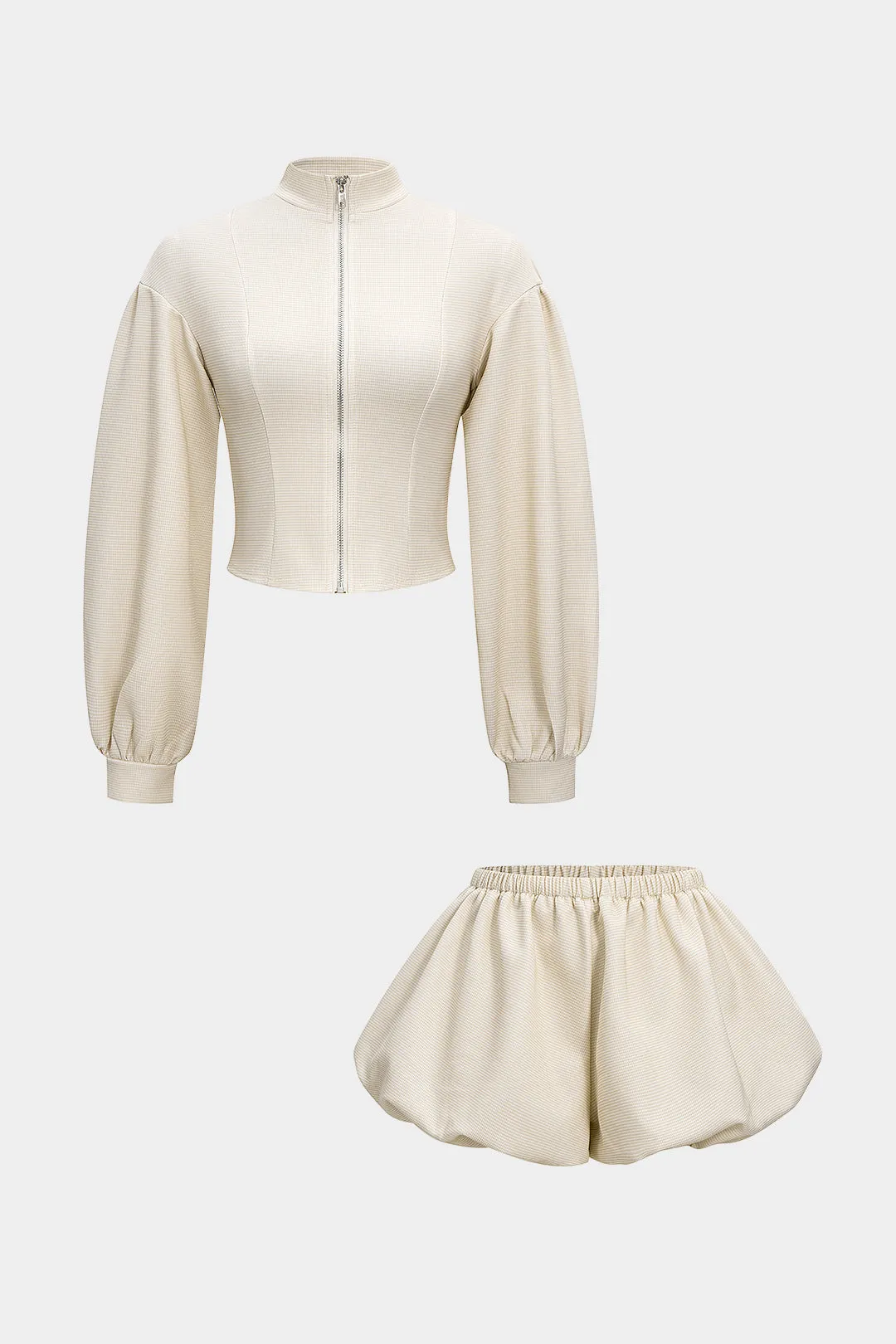 Plaid Print Zipper Ruched Long-Sleeve Cardigan And Puff Shorts Set sold by Micas