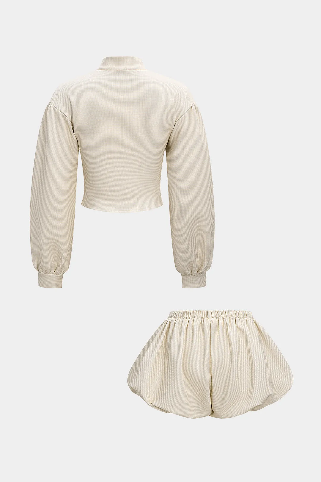 Plaid Print Zipper Ruched Long-Sleeve Cardigan And Puff Shorts Set sold by Micas product image thumbnail 2