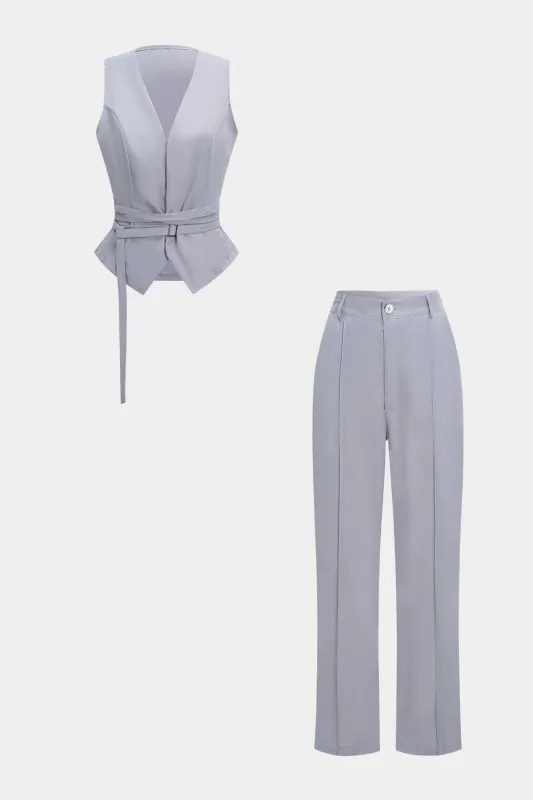 Solid Belted Tank Top And Trousers Set sold by Micas