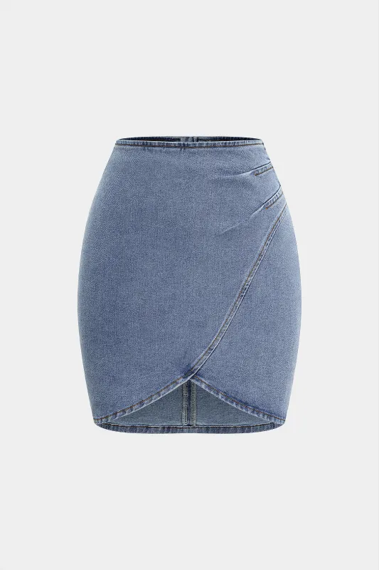 Denim  Zipper Asymmetrical Ruched Mini Skirt sold by Micas