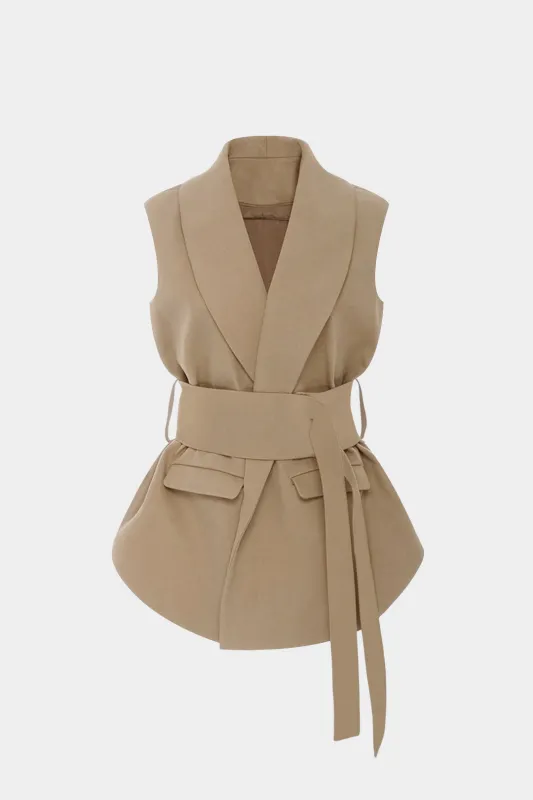 Solid Lapel Belted Vest sold by Micas