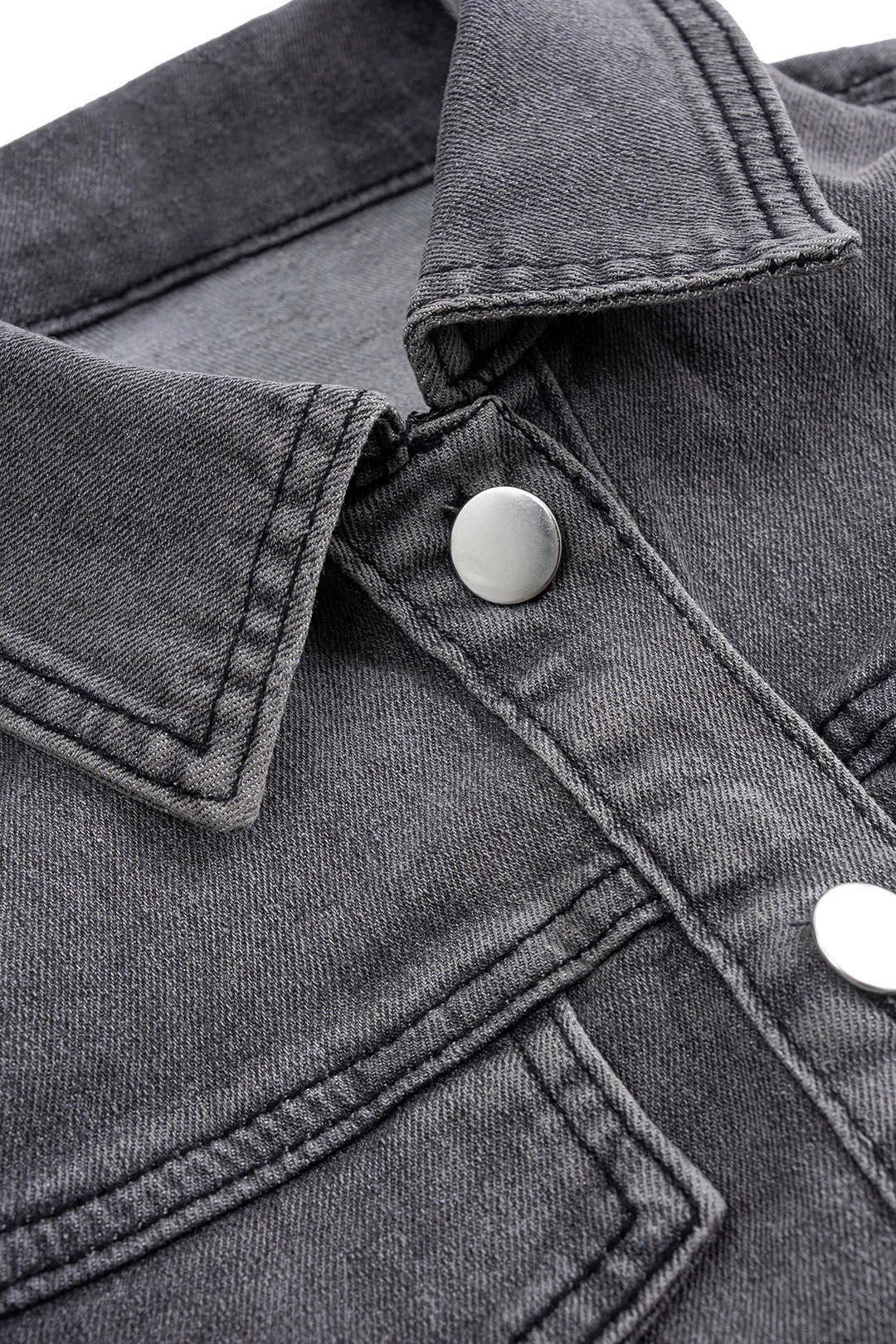 Denim Washed Button Stitching Detail Fake Pocket Long-Sleeve Top And Puff Mini Skirt Set sold by Micas product image thumbnail 3