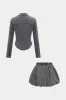 Denim Washed Button Stitching Detail Fake Pocket Long-Sleeve Top And Puff Mini Skirt Set sold by Micas