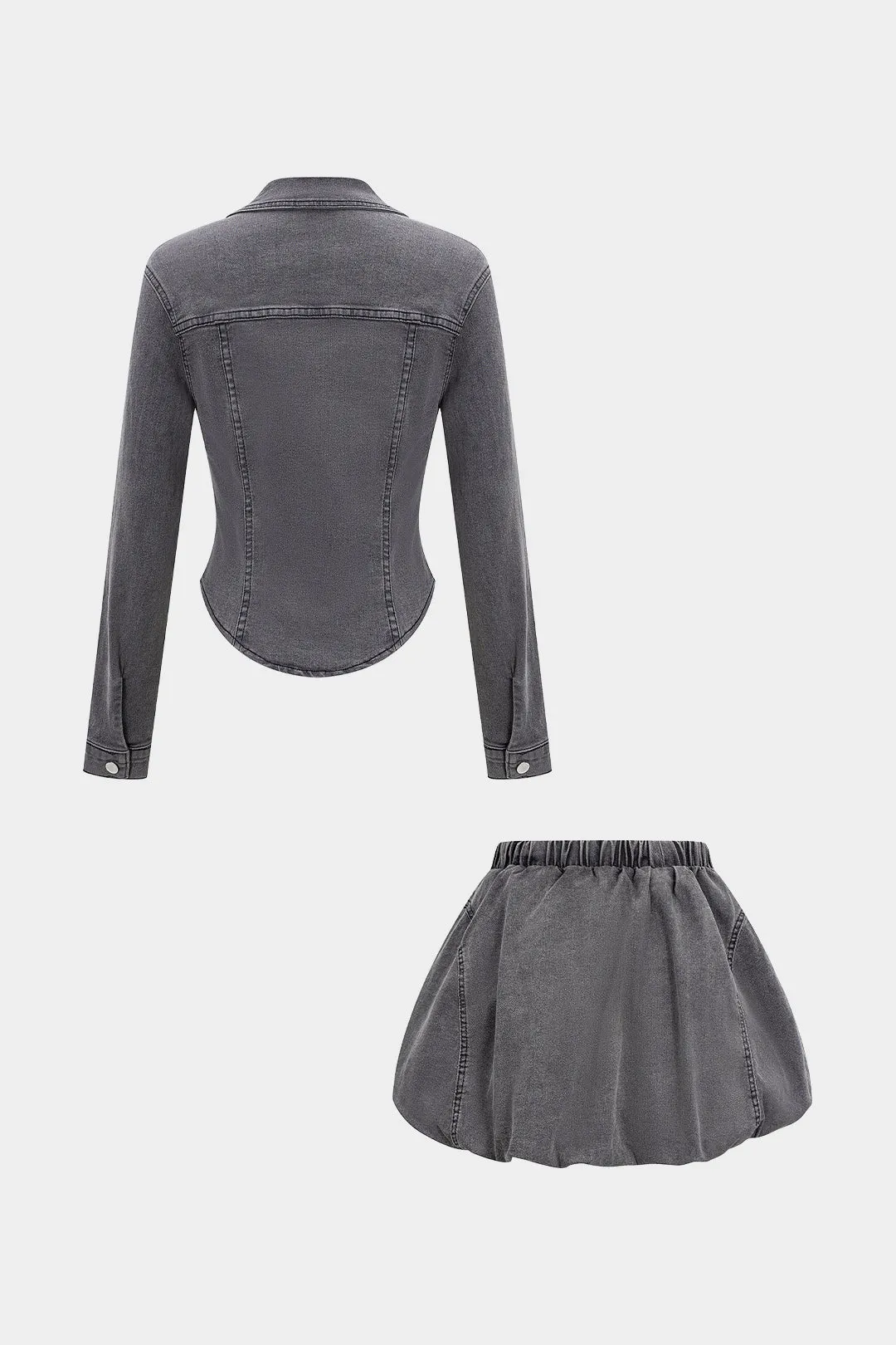 Denim Washed Button Stitching Detail Fake Pocket Long-Sleeve Top And Puff Mini Skirt Set sold by Micas product image thumbnail 2