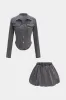Denim Washed Button Stitching Detail Fake Pocket Long-Sleeve Top And Puff Mini Skirt Set sold by Micas