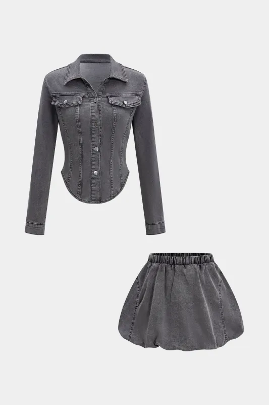 Denim Washed Button Stitching Detail Fake Pocket Long-Sleeve Top And Puff Mini Skirt Set sold by Micas