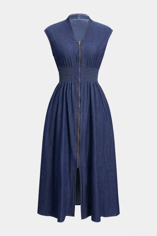 Denim Shirred Ruched V-Neck Sleeveless Zipper Dress sold by Micas