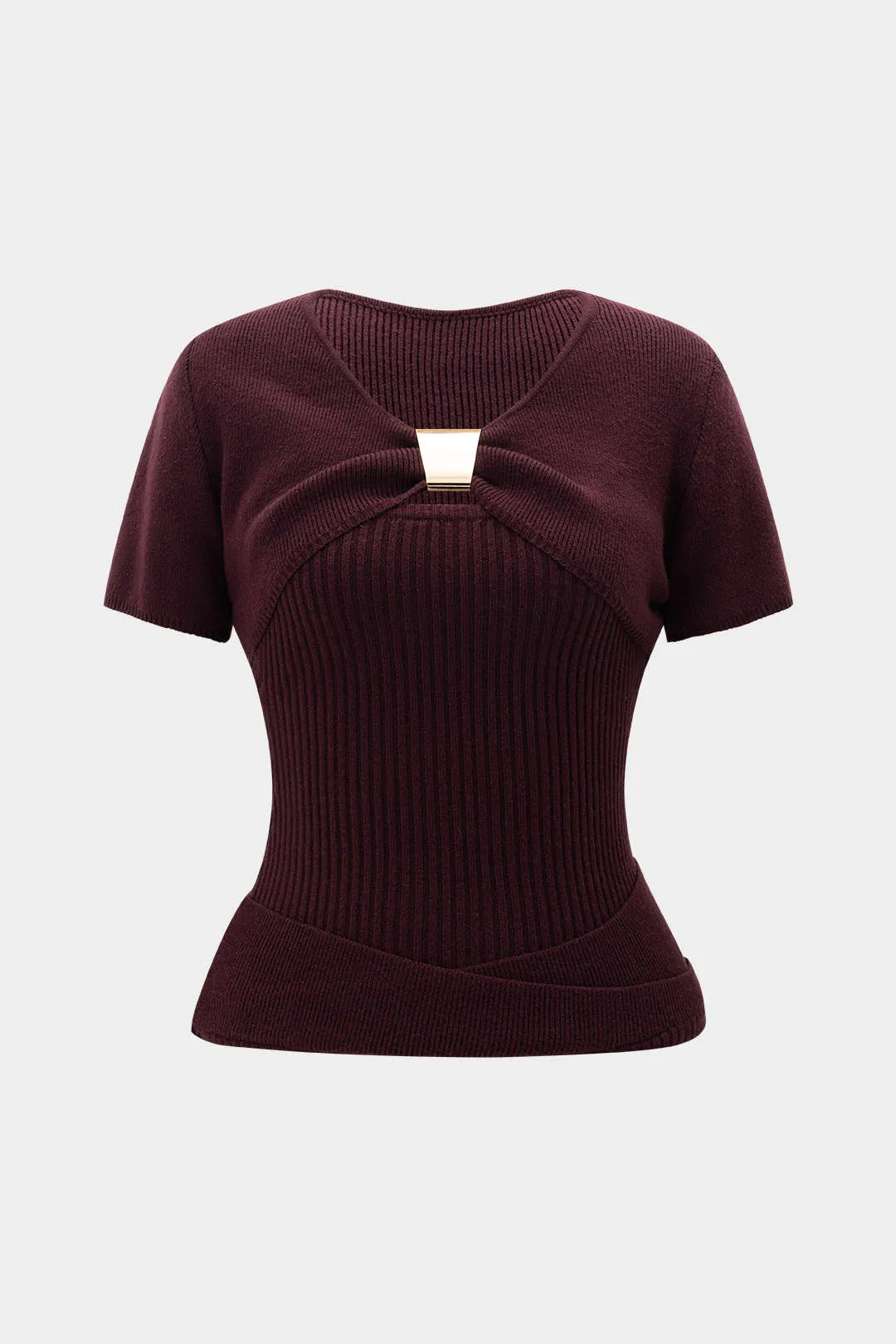 Knit Metallic Decor Ruched Cut Out Short-Sleeve Top sold by Micas