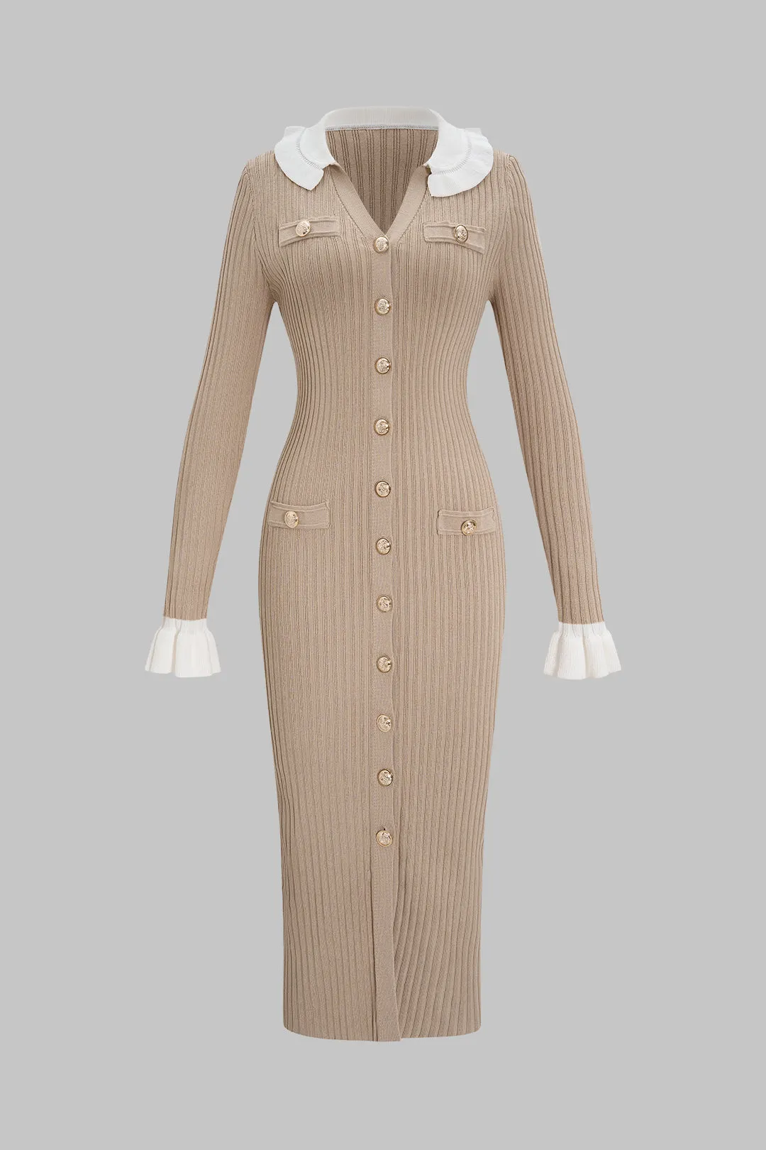 Knit Button V-Neck Ruched Long Sleeve Dress sold by Micas