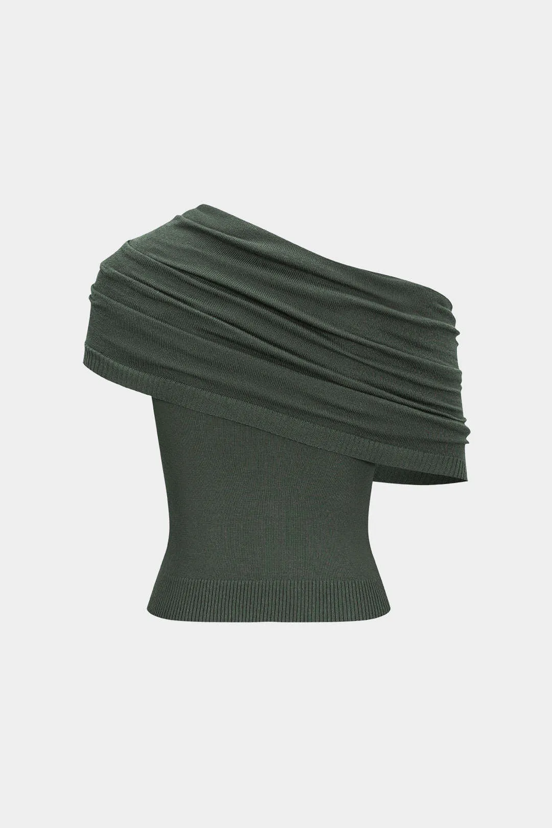 Knit Asymmetrical Neck Button Ruched Short-Sleeve Top sold by Micas product image thumbnail 2