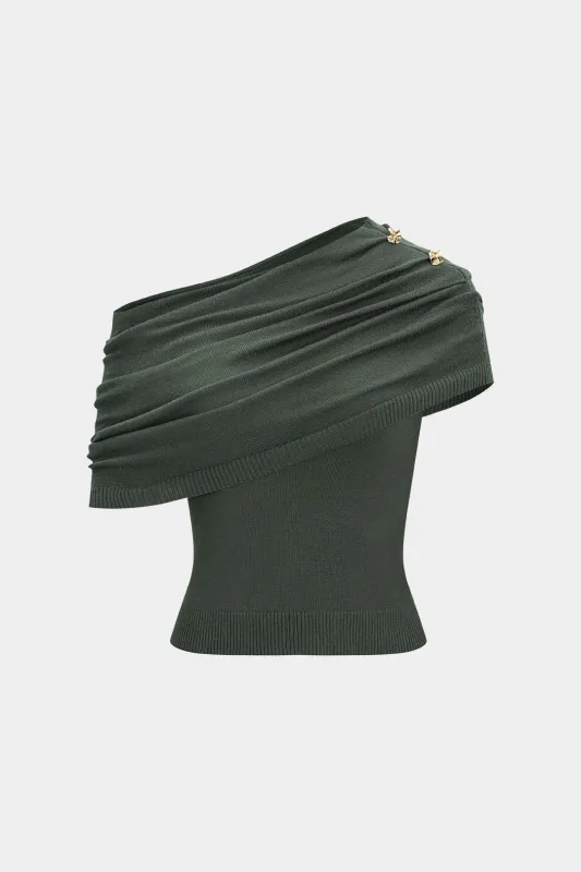 Knit Asymmetrical Neck Button Ruched Short-Sleeve Top sold by Micas