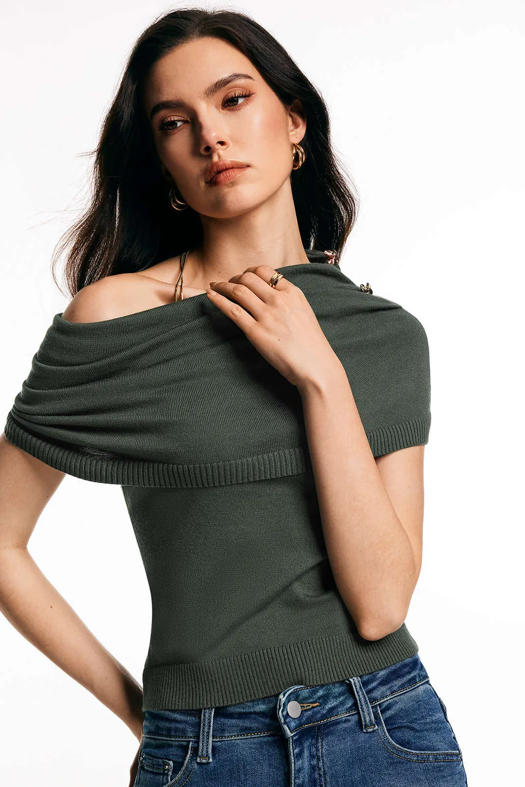 Knit Asymmetrical Neck Button Ruched Short-Sleeve Top sold by Micas product image thumbnail 5