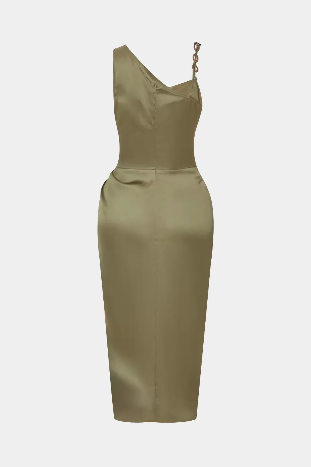 Satin Asymmetrical Shoulder Ruched Metallic Slip Sleeveless Midi Dress sold by Micas product image thumbnail 2