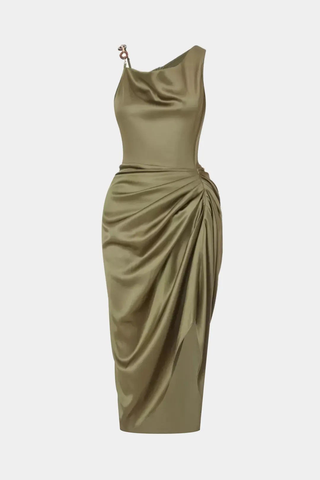 Satin Asymmetrical Shoulder Ruched Metallic Slip Sleeveless Midi Dress sold by Micas