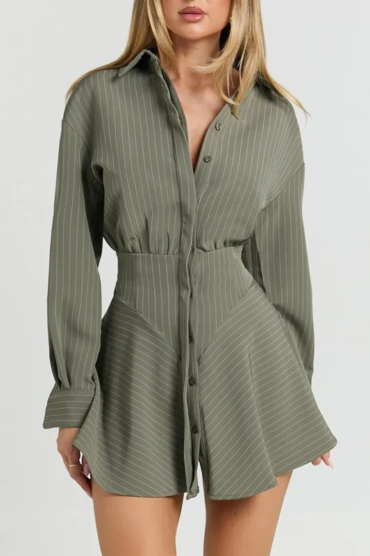 Stripes Print Ruched Button Corset Waist Long Sleeve Mini Dress sold by Micas