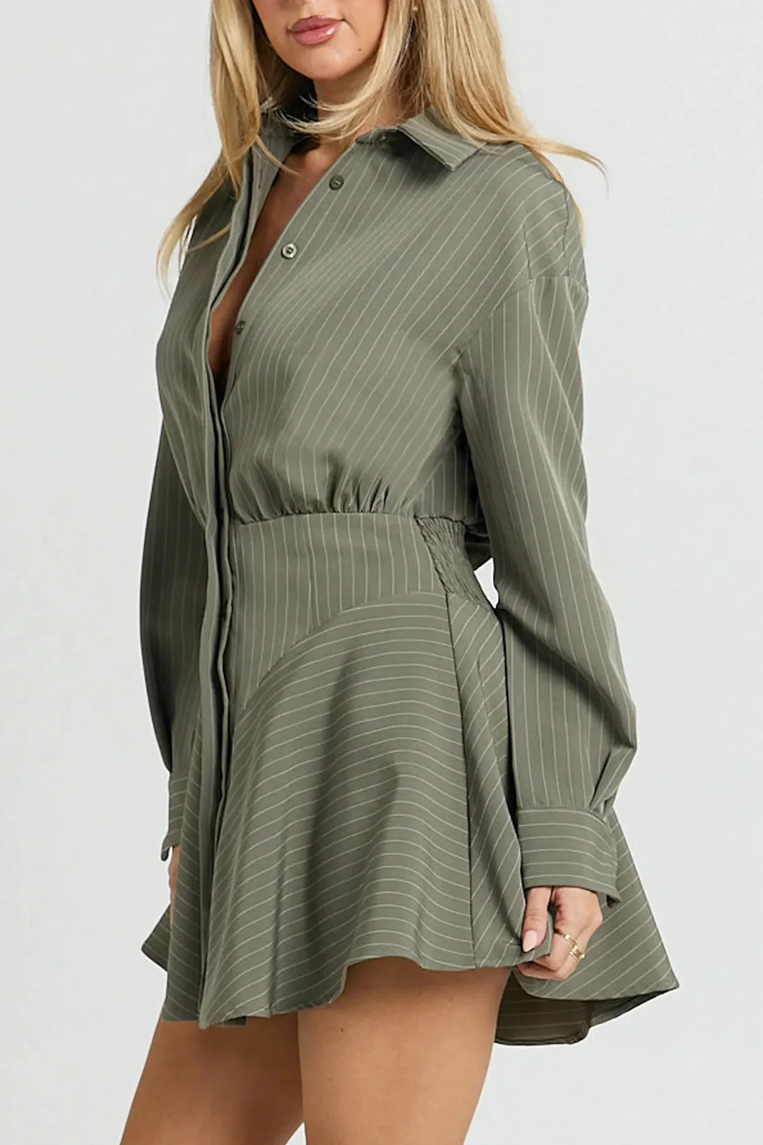 Stripes Print Ruched Button Corset Waist Long Sleeve Mini Dress sold by Micas product image thumbnail 2