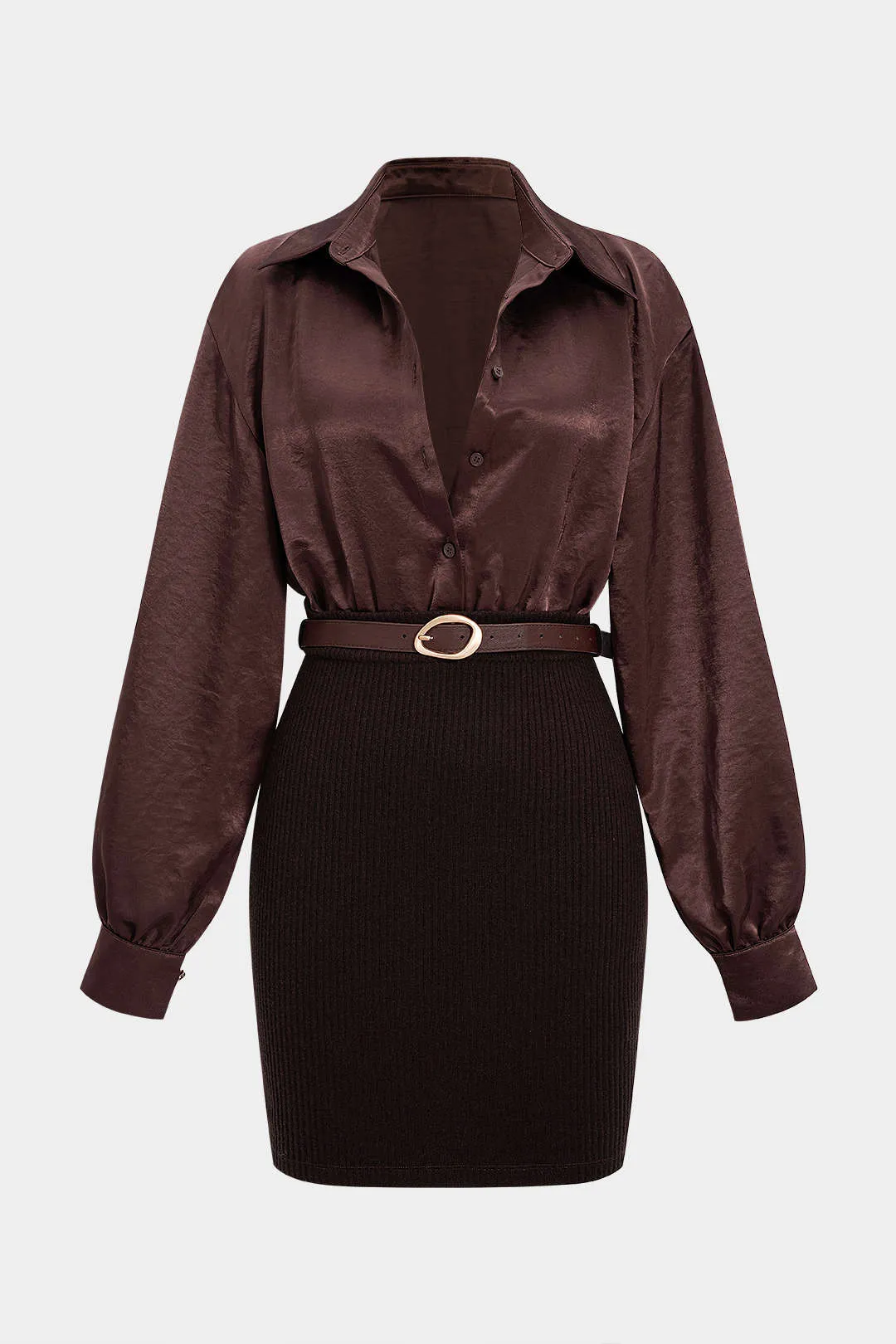 Satin Patchwork Belted Long Sleeve Mini Dress sold by Micas