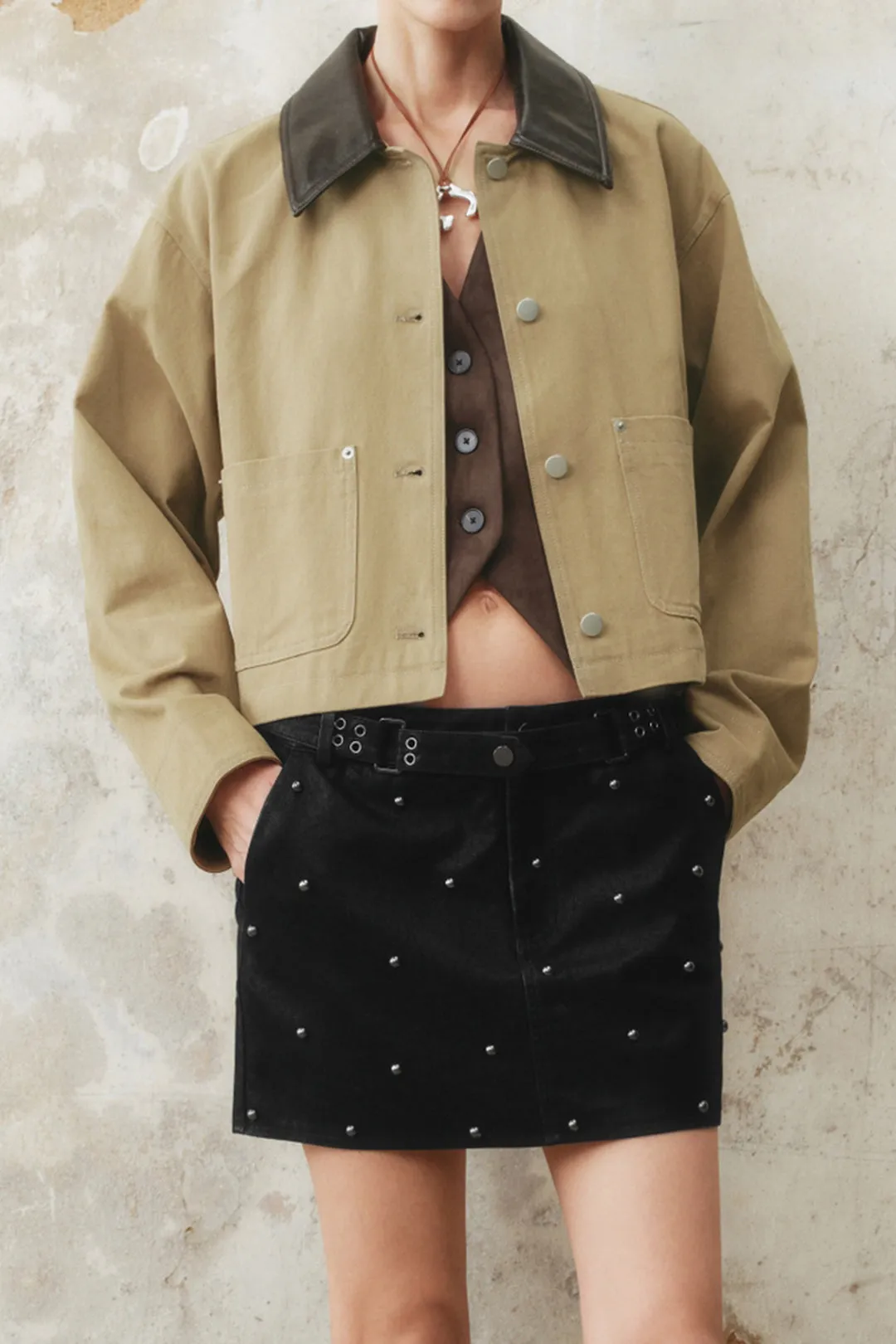 Faux Leather Metallic Button Patchwork Pocket Jacket sold by Micas product image thumbnail 4