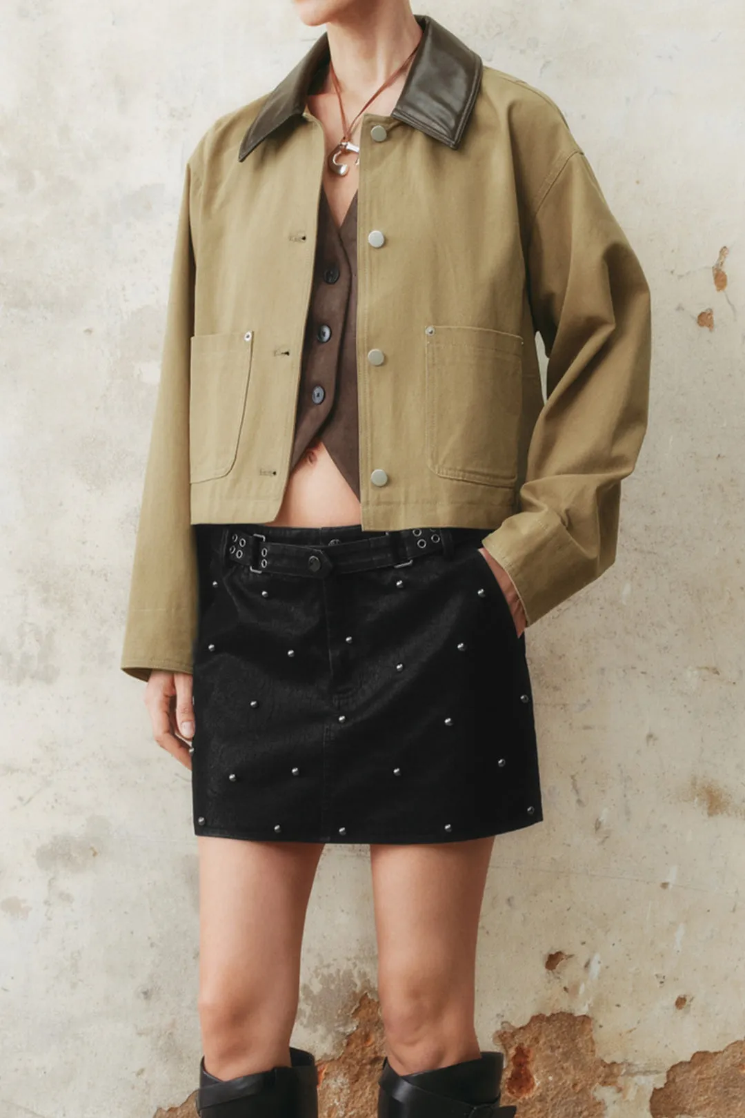 Faux Leather Metallic Button Patchwork Pocket Jacket sold by Micas