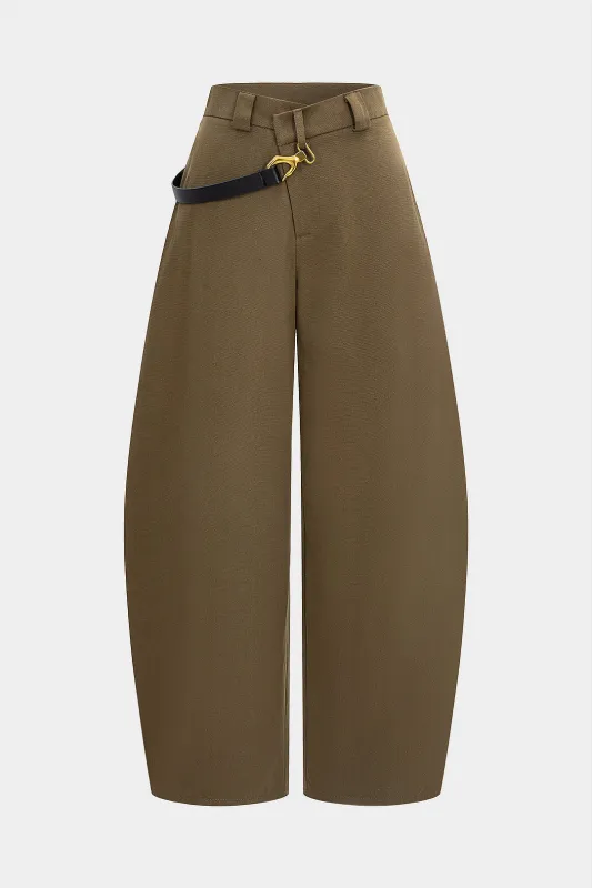 Asymmetrical Metallic Decor Barrel Trousers sold by Micas