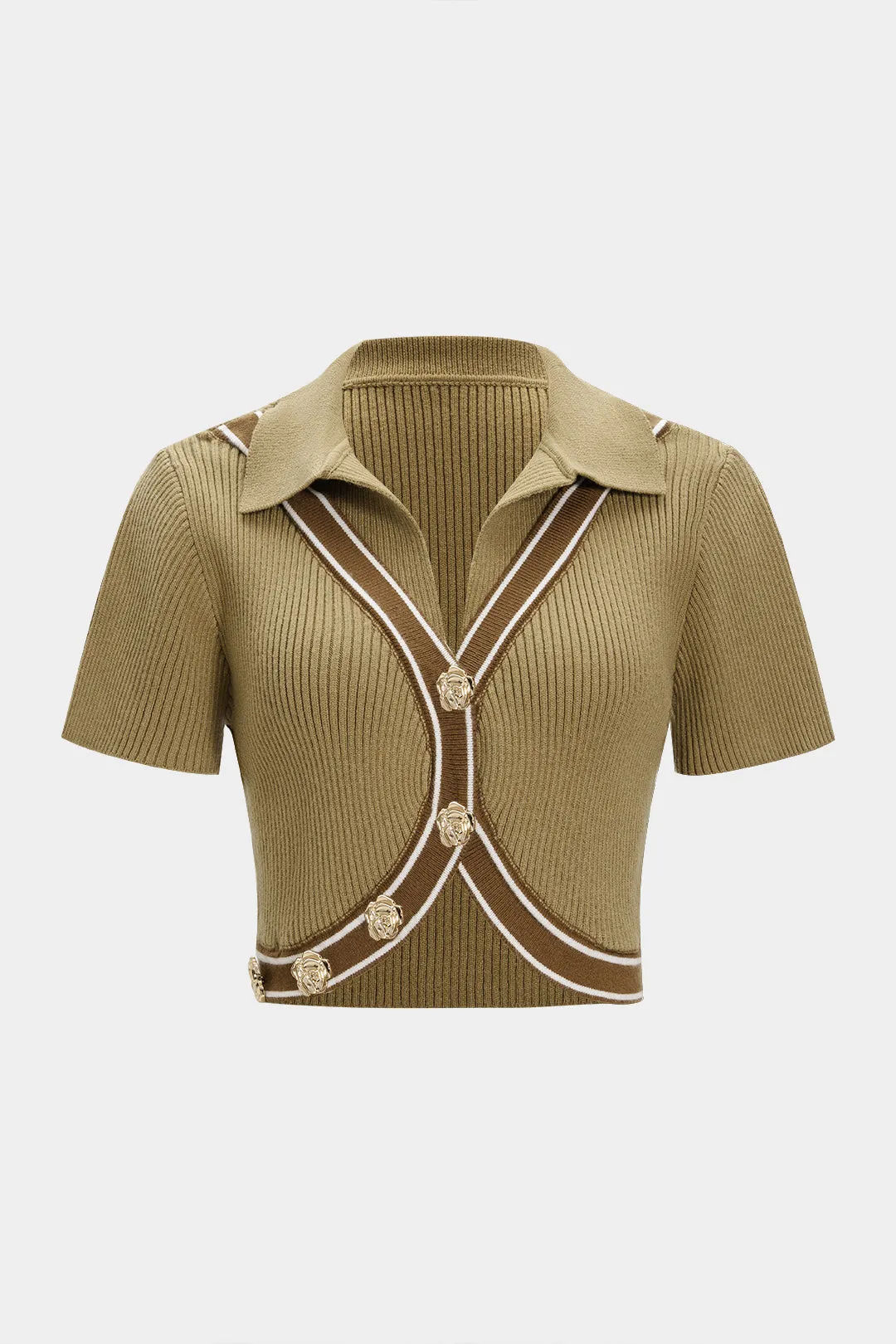 Knit Contrast Asymmetrical Metallic Button Short-Sleeve Top sold by Micas