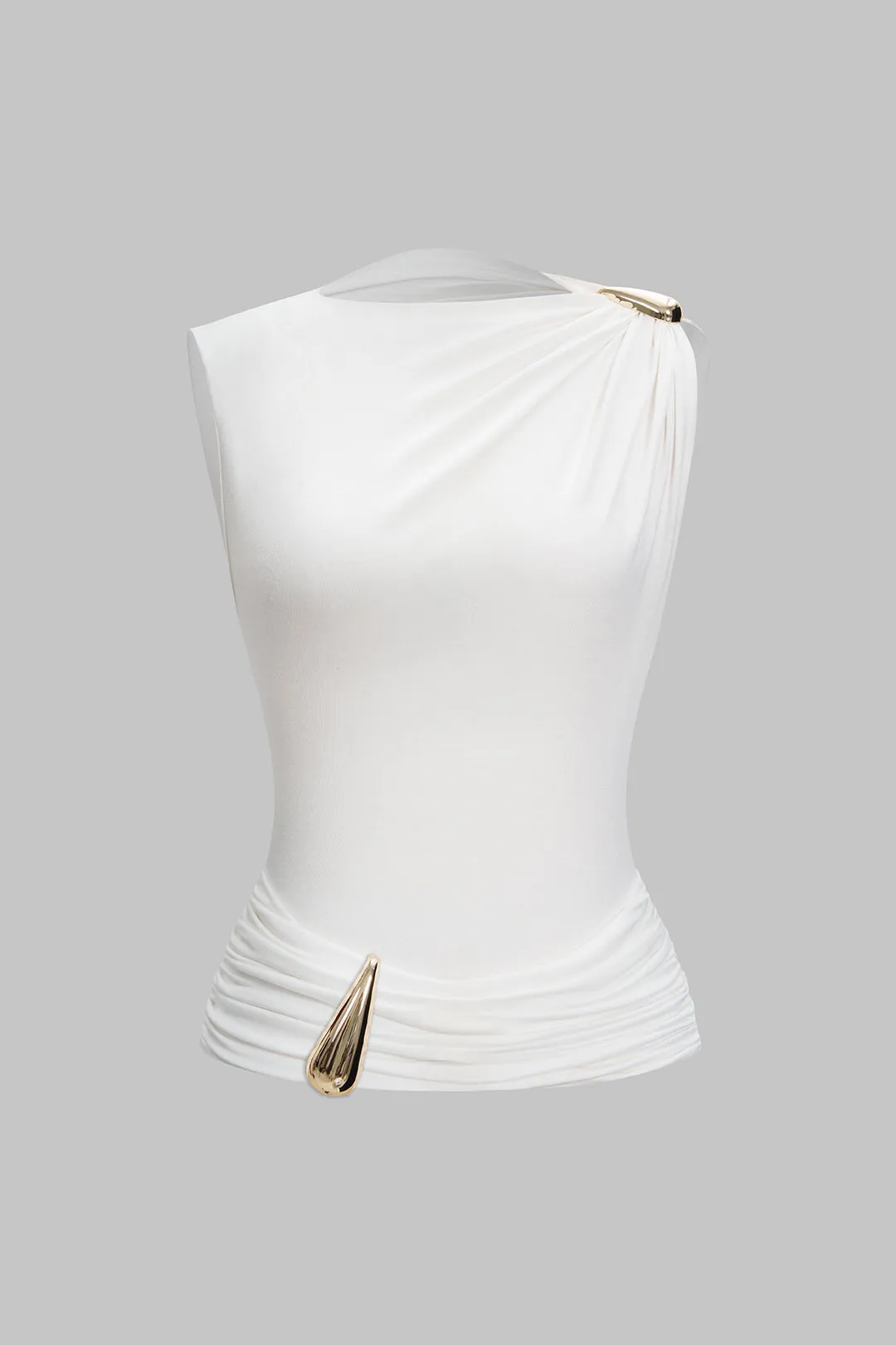 Asymmetrical Metallic Ruched Tank Top sold by Micas