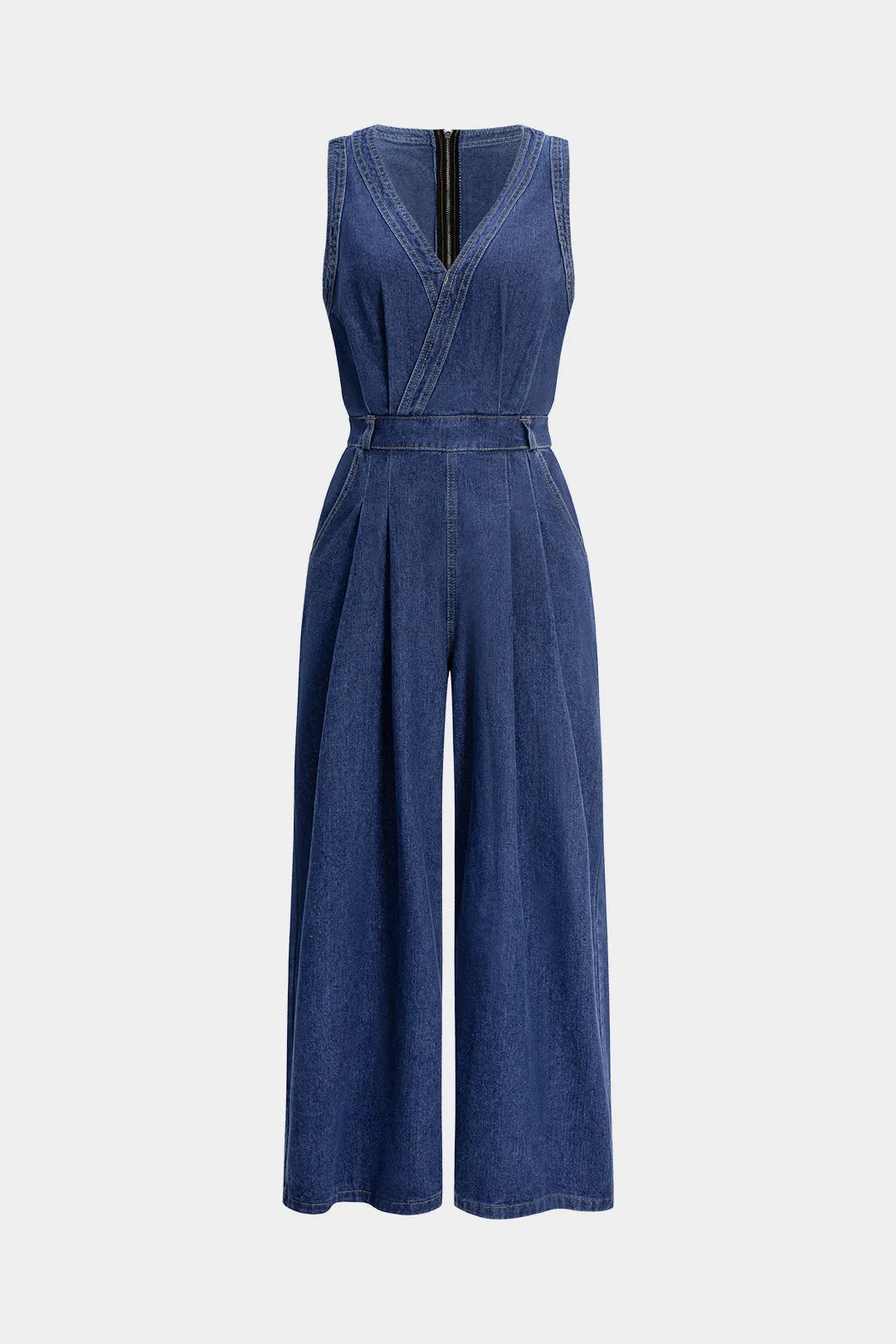 Denim V-Neck Zipper Sleeveless Jumpsuit sold by Micas