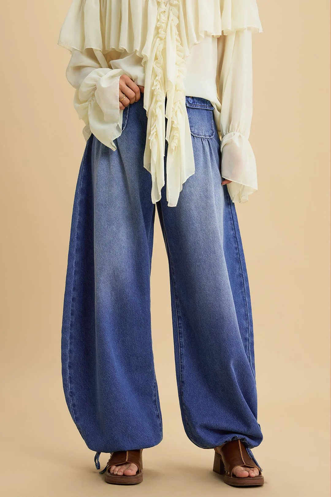 Denim Tie-Up Wide Leg Pocket Jeans sold by Micas