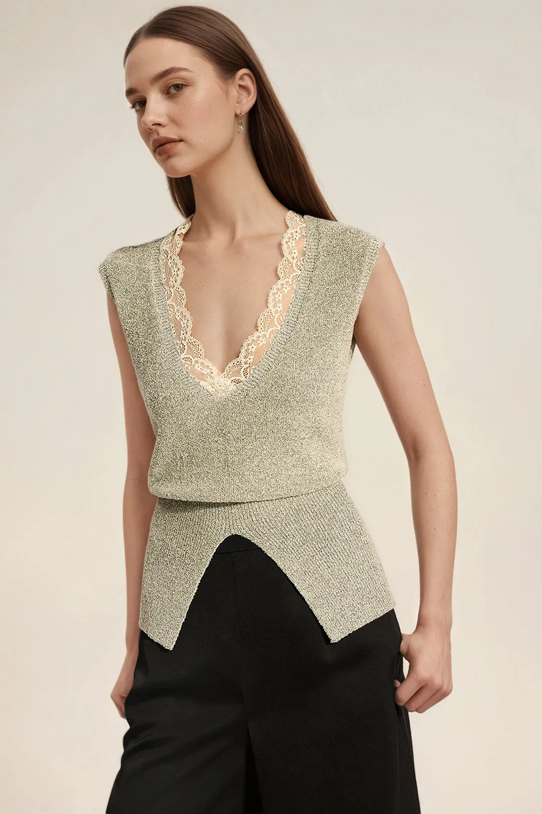 Knit V-Neck Lace Trim Patchwork Tank Top sold by Micas product image thumbnail 2