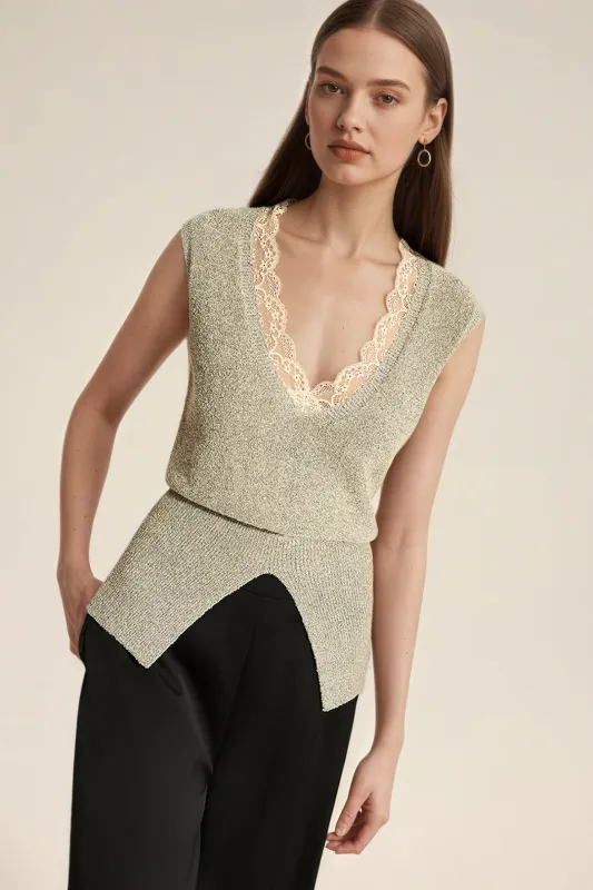 Knit V-Neck Lace Trim Patchwork Tank Top sold by Micas