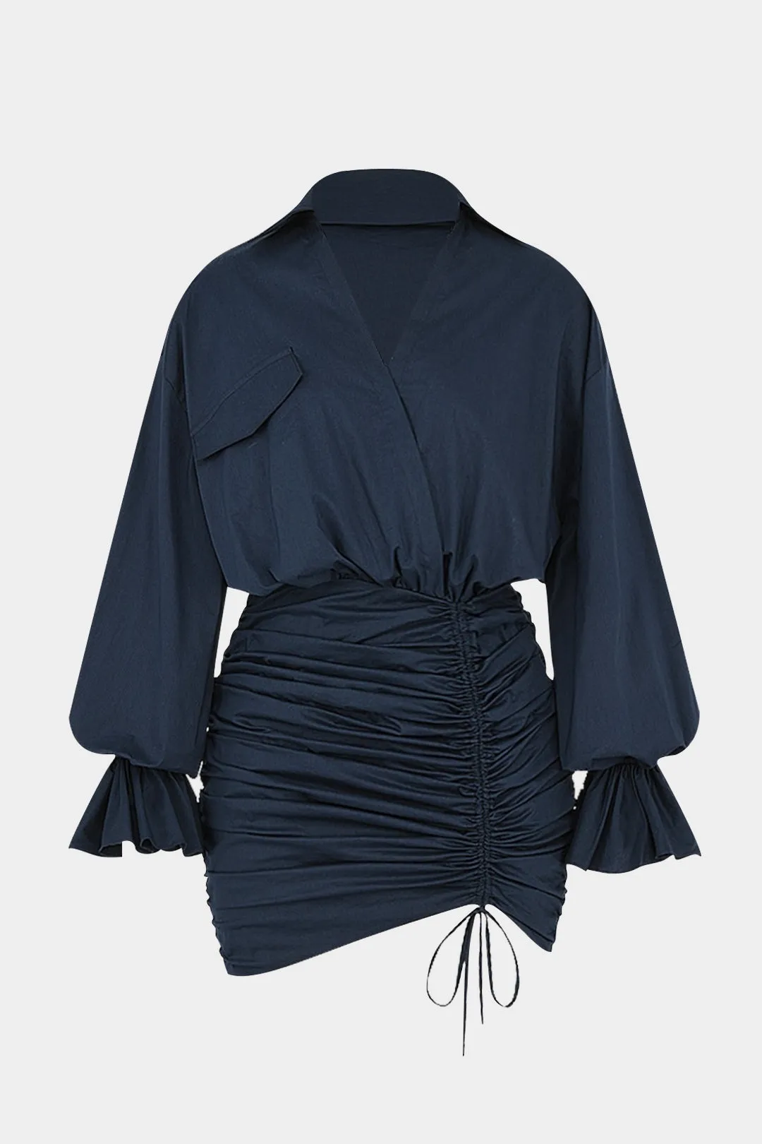 Plus Size Ruched V-Neck Drawstring Ruffle Long Sleeve Mini Dress sold by Micas