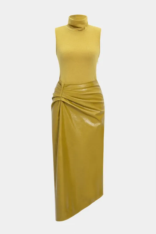 Faux Leather Patchwork High Neck Pleated Sleeveless Maxi Dress sold by Micas