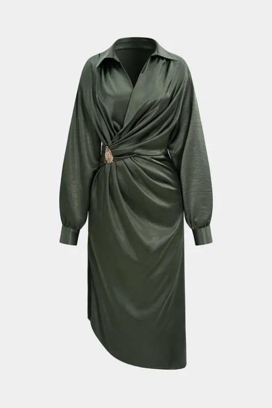 Satin Asymmetrical Ruched Metallic Decor Long Sleeve Midi Dress sold by Micas