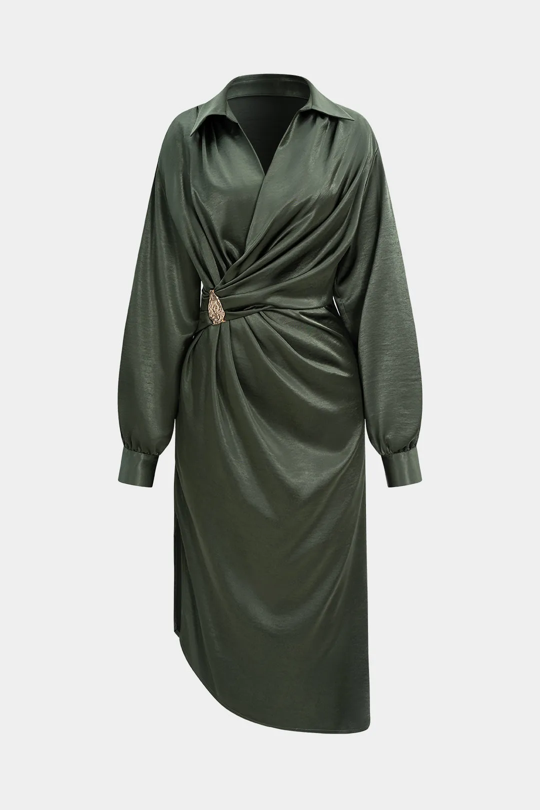 Satin Asymmetrical Ruched Metallic Decor Long Sleeve Midi Dress sold by Micas