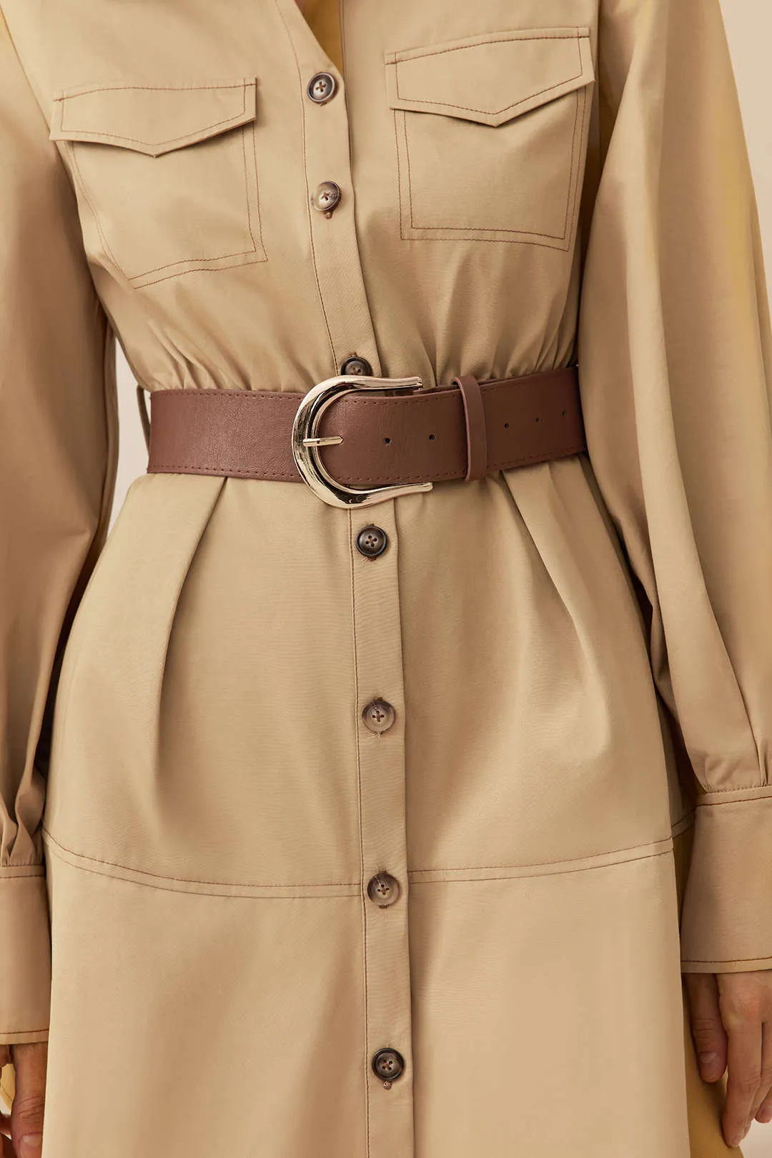 Ruched Belted Button Long Sleeve Midi Dress sold by Micas product image thumbnail 3