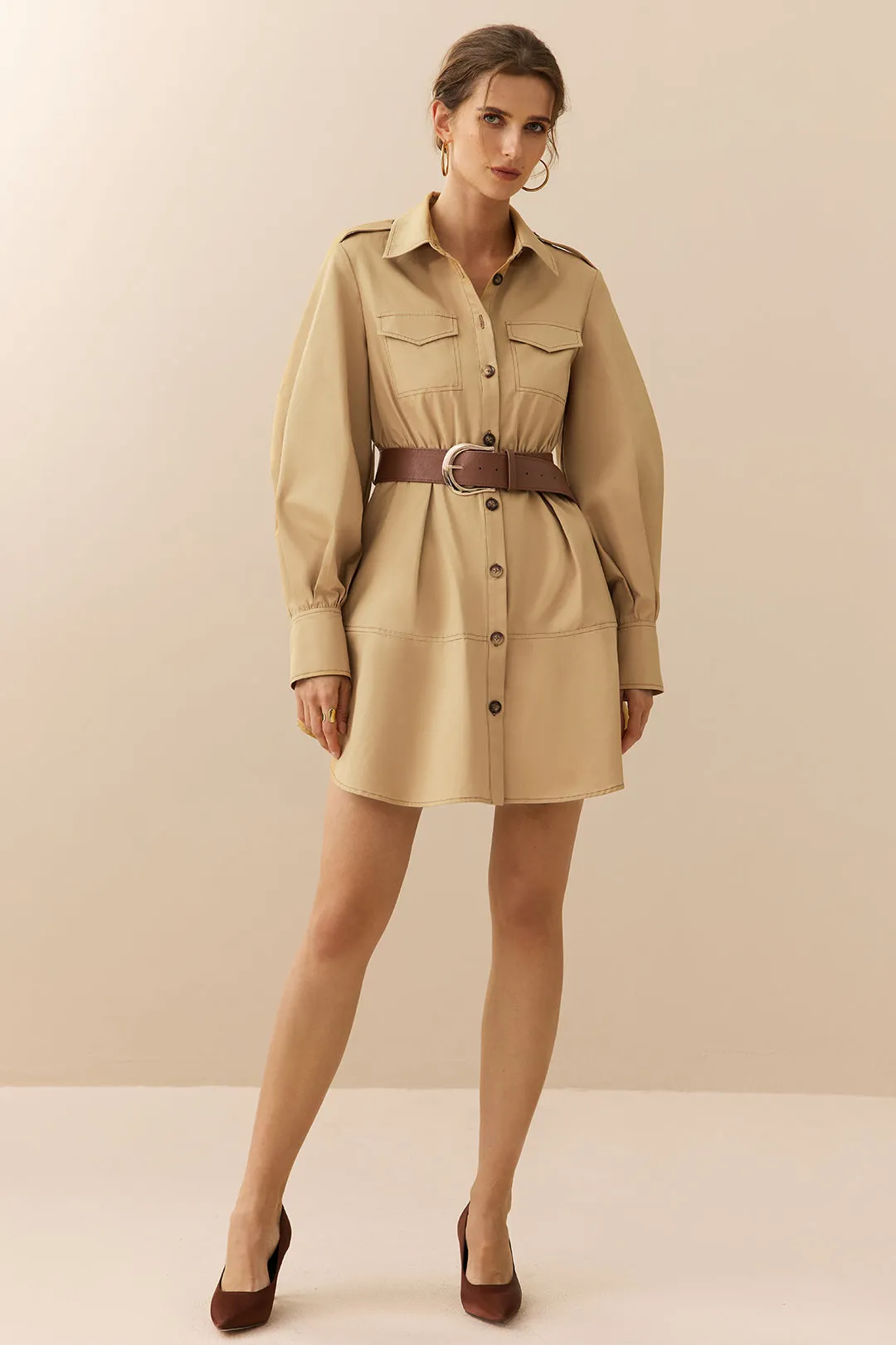 Ruched Belted Button Long Sleeve Midi Dress sold by Micas product image thumbnail 4