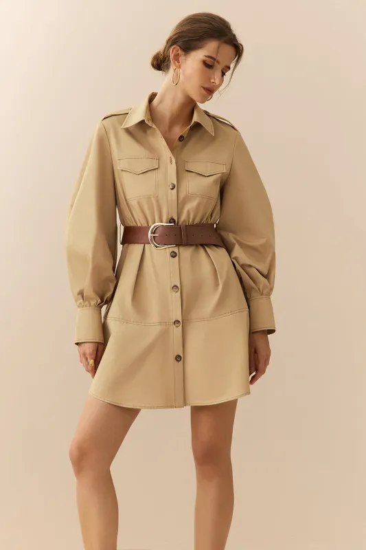 Ruched Belted Button Long Sleeve Midi Dress sold by Micas