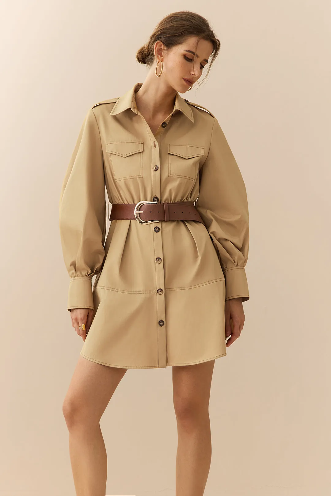 Ruched Belted Button Long Sleeve Midi Dress sold by Micas