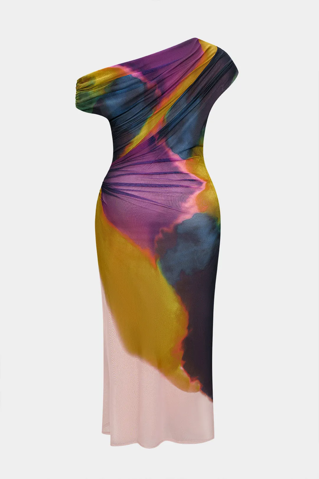 Plus Size Colorblock Print Mesh Ruched Asymmetrical Neck Sleeveless Maxi Dress sold by Micas product image thumbnail 2