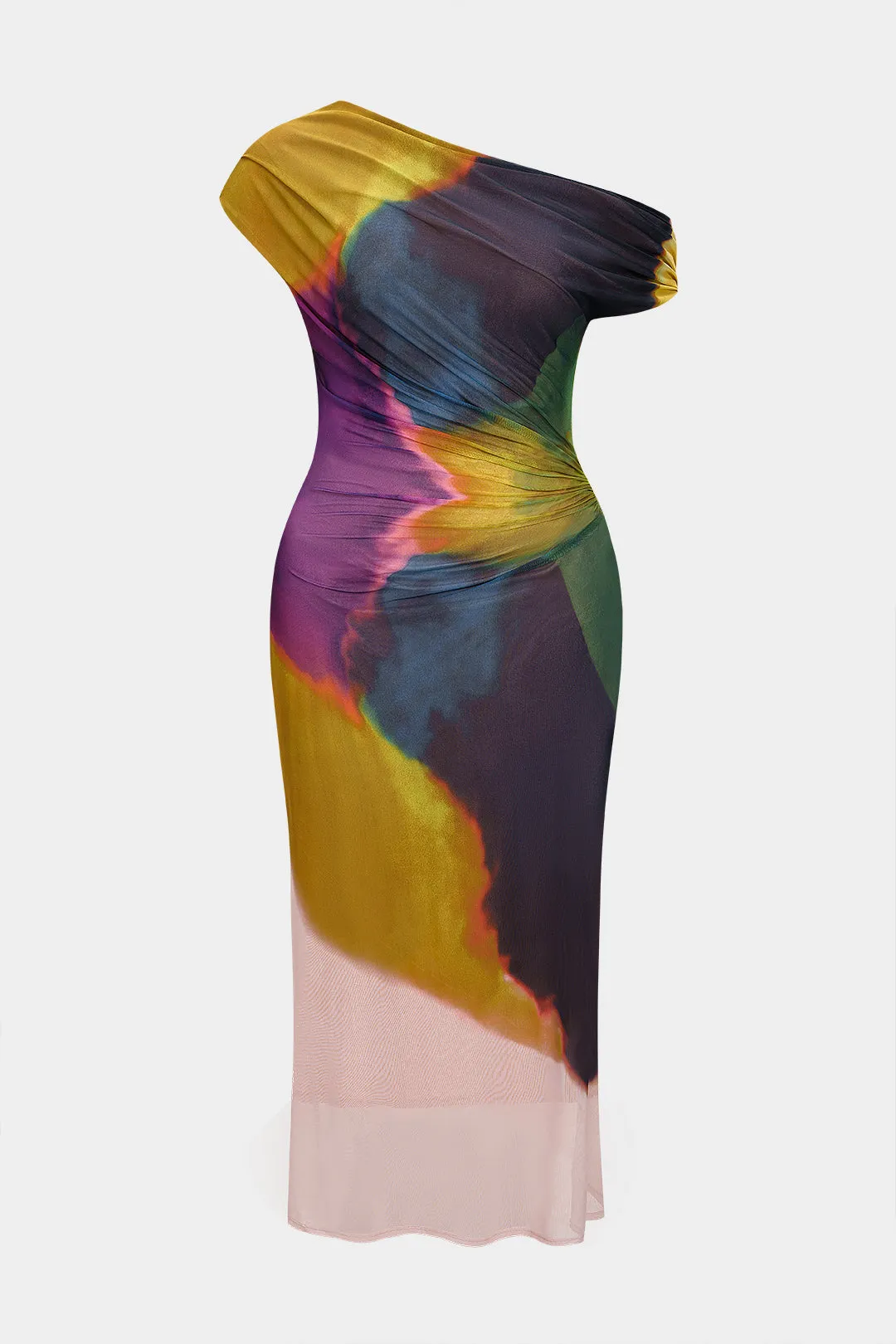 Plus Size Colorblock Print Mesh Ruched Asymmetrical Neck Sleeveless Maxi Dress sold by Micas