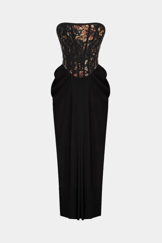 Floral Print Lace Patchwork Ruched Strapless Sleeveless Midi Dress sold by Micas